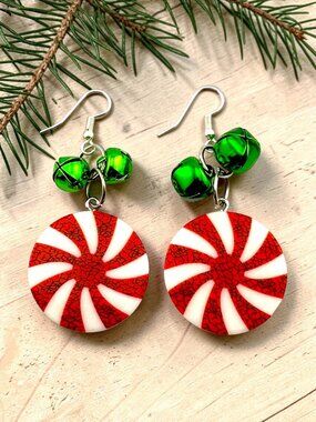 Peppermint Candy Christmas Earrings Red White Large Dangle Jingle Bells